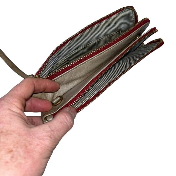 steven allen khaki leather striped lining zipper pouch pockets wallet bag - Picture 3 of 5